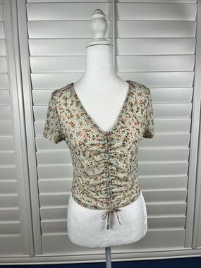 Threads 4 Thought Cream Floral Ruched V-Neck Crop Top Size XL coquette Y2K